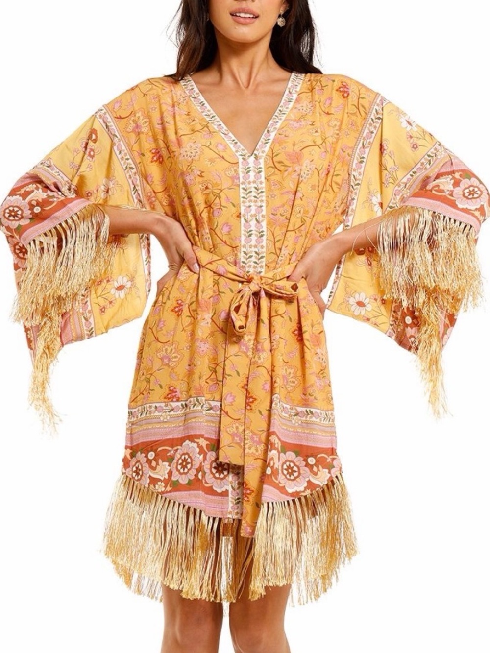 🌼 Spell x Free People Mystic Floral Orange Fringe Kimono Tunic Midi Dress M